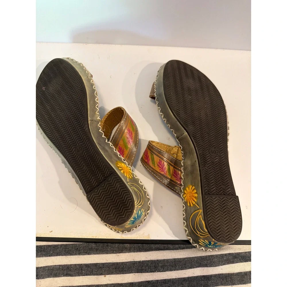 L'Artiste by Spring Step Botanical Floral Leather Wedge Thong Sandals Brown 40 - Picture 4 of 4